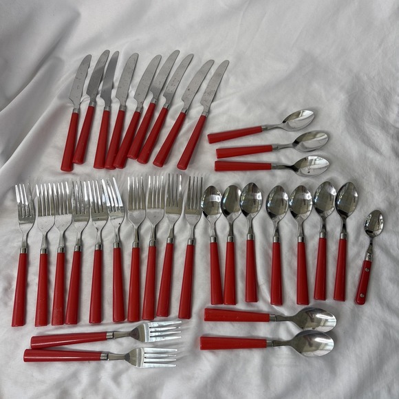 Vtg 34 Piece Bakelite Red Handle Flatware Silverware Stainless READ - Picture 1 of 9